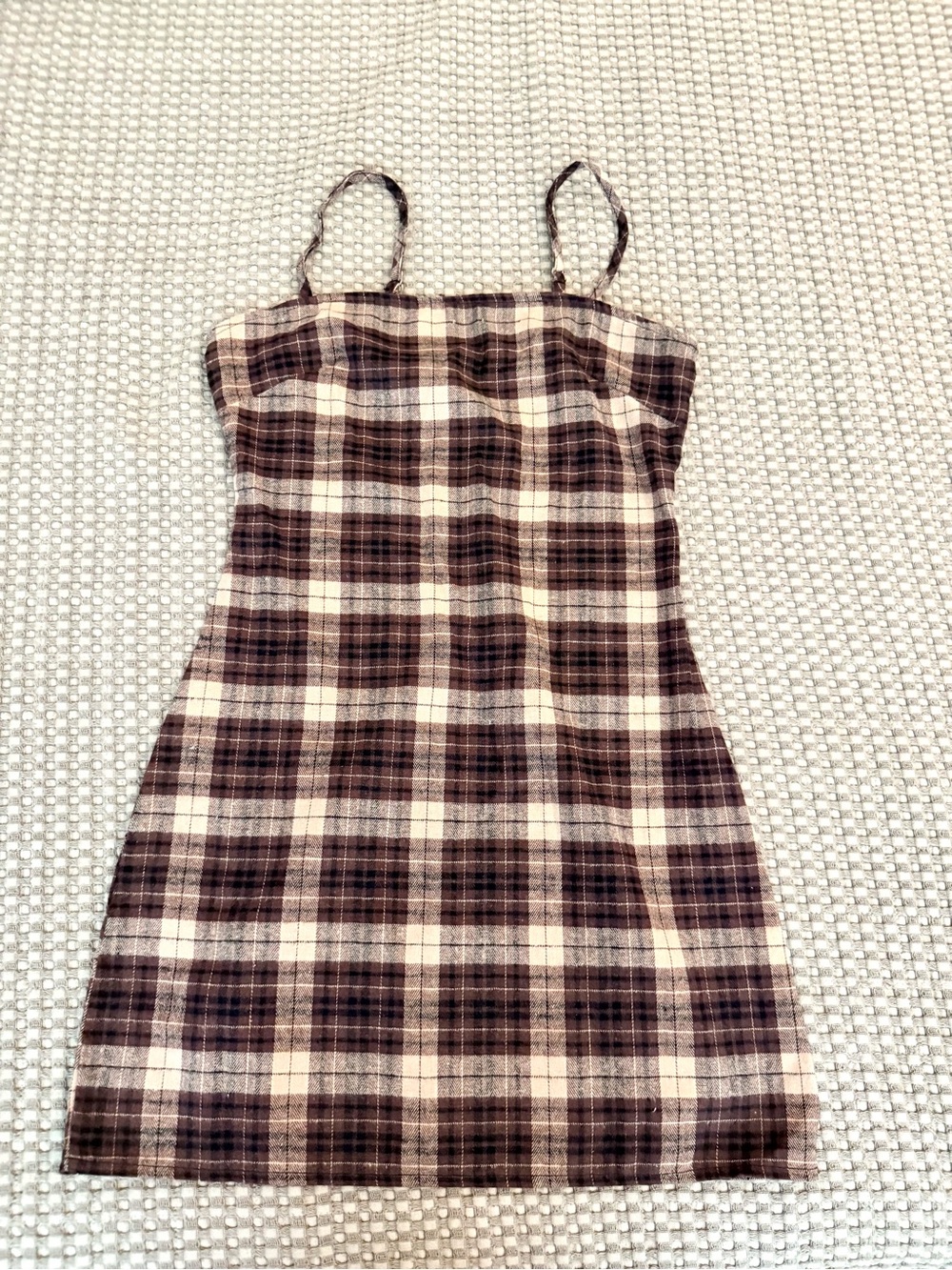 ROMWE Brown and Cream Plaid Spaghetti-Strap Mini Dress